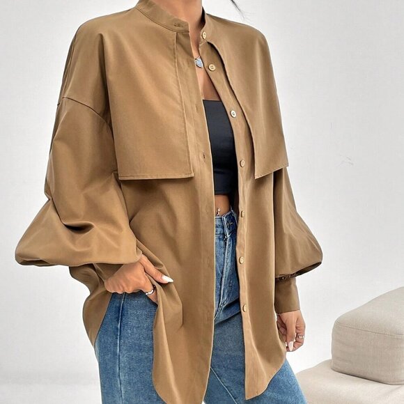 Casual Women's Lantern long Sleeve button down Blouse Tan - Picture 6 of 6